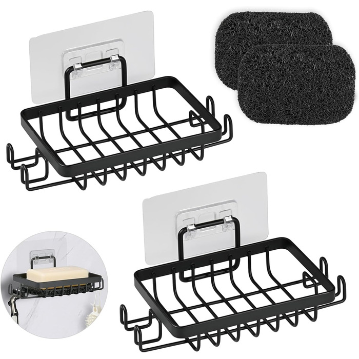 Набір з 2 штук тримач для мила з нержавіючої сталі 304, для душу, ванної кімнати та кухні, настінний, без свердління, самоклеючий з гачком та підставкою для мила (Чорний)