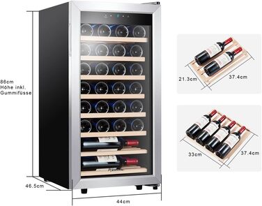 Kalamera 28-Bottle Wine Refrigerator - 86 Liter Capacity, Stainless Steel & Glass Door, 5-18°C Cooling Zone, Removable Wooden Shelves