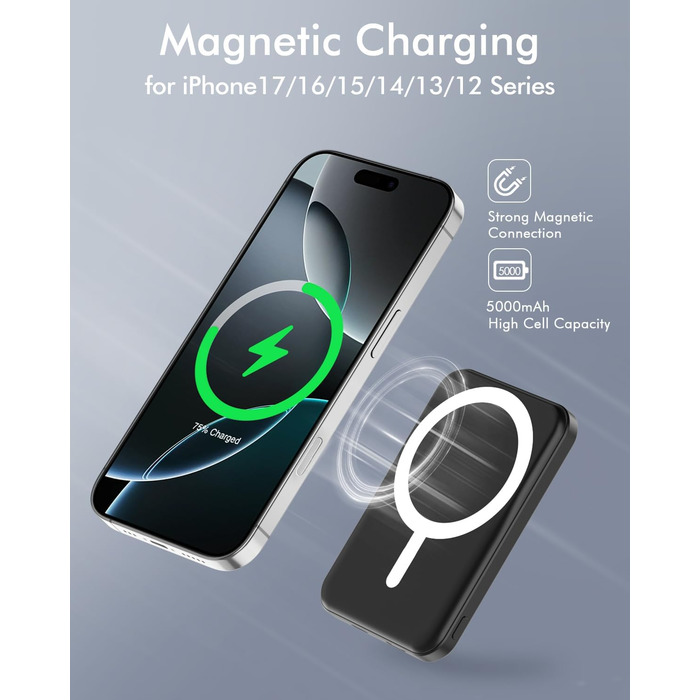 Power Bank MagSafe 5000mAh для iPhone 17/16/15/14/13/12, всі моделі, глибокий чорний колір