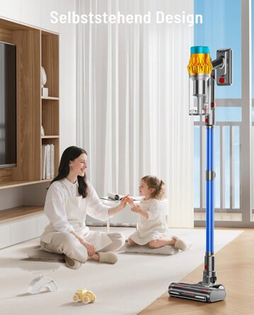 Бездротовий акумуляторний пилосос 600W з потужністю всмоктування 50KPA, 70 хвилин роботи, великий пилозбірник 1,8L, антизаплутана щітка, 8-рівнева фільтрація, підходить для твердих поверхонь, килимів та шерсті тварин, колір - блакитний