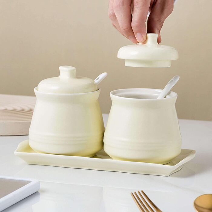 Ceramic Sugar Bowl with Spice Jars, Nordic Sugar Bowl with Lid and Spoon, Simple Porcelain Pepper Salt Sugar Pot