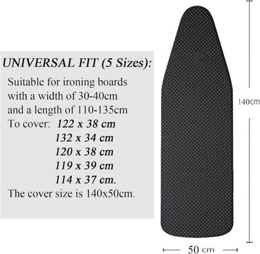 Чохол для прасувальної дошки Yizunnu, 140 x 50 см, товсте ущільнення, шнурок для фіксації, регульована застібка, простий крій та стійкий до подряпин принт (чорні крапки)