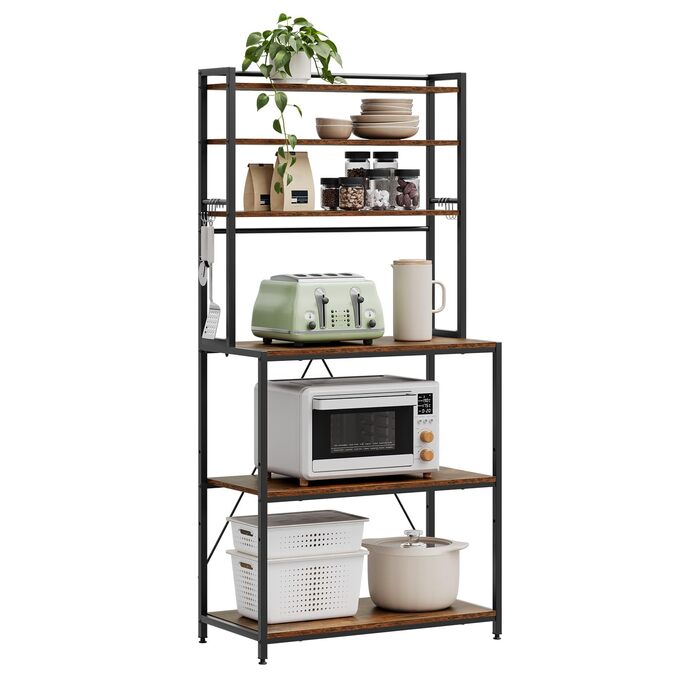 Стелаж кухонний WOLTU з 6 полицями, металевий з інженерної деревини, 60x167x40 см, коричневий+чорний