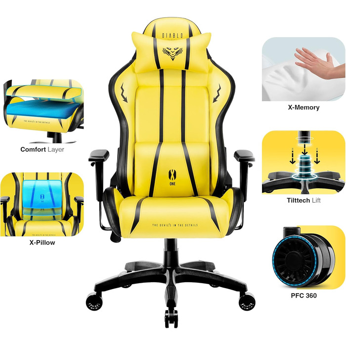 Ігрове крісло Diablo X-One 2.0 Electric Yellow L, ергономічне, регульовані підлокітники, подушки для шиї та попереку