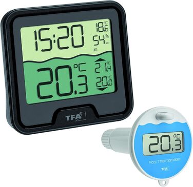 TFA Dostmann Digital Floating Pool Thermometer Marbella, 30.3066.01, floating, easy to read, for swimming pool, pond, ice bath, water temperature, including temperature water transmitter, radio clock, black