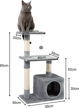 Cat Scratching Post with Cave and Plush Ball including Bell, Height 85 cm, Cat Tree with Sisal & Plush, Cozy Lounging Areas & Cave, Suitable for Small & Large Cats, (Light Gray (with name tag))