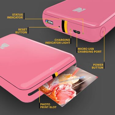 Фотодрук KODAK Step: Портативний міні-друк фото з телефону - Bluetooth, iOS & Android, рожевий колір
