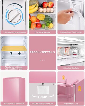 Холодильник Upstreman 91L BR321-Rosa з функцією швидкого охолодження, 5 температурних режимів (1-8°C), енергоефективний, 41 дБ, компактний, для студентів/офісу