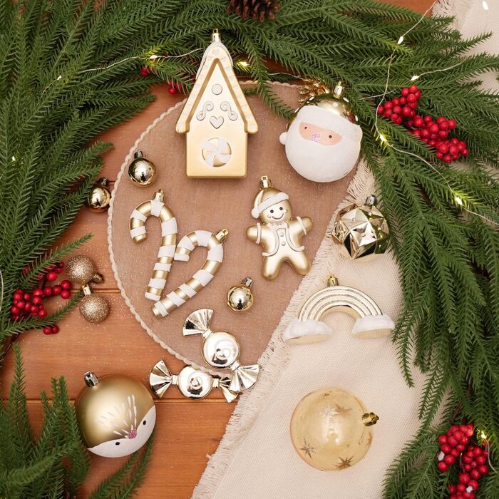 Набір прикрас на ялинку Alupssuc 65 шт. - ялинкові кулі, 4-14 см, пластик, білий, золотий, з нитками для підвішування