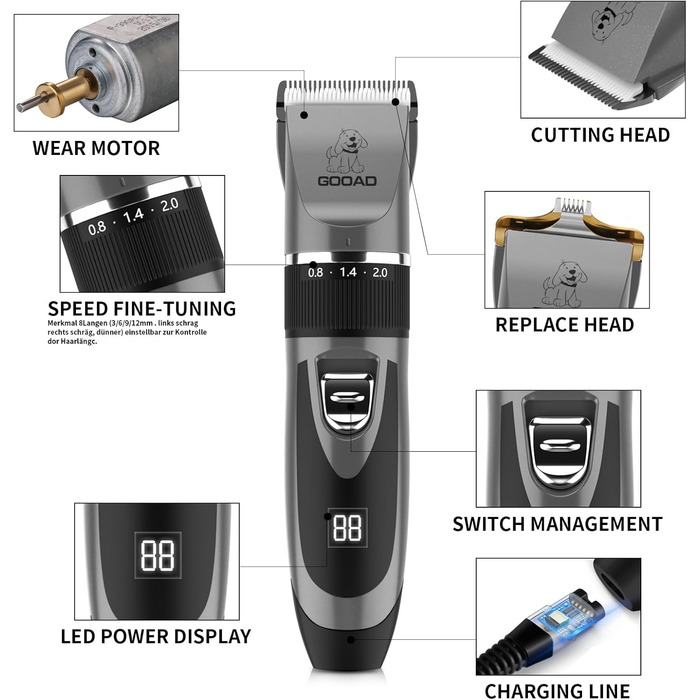 Електрична машинка для стрижки собак та котів, безшумна, USB, акумуляторна, бездротова, для собак та котів (сіра)
