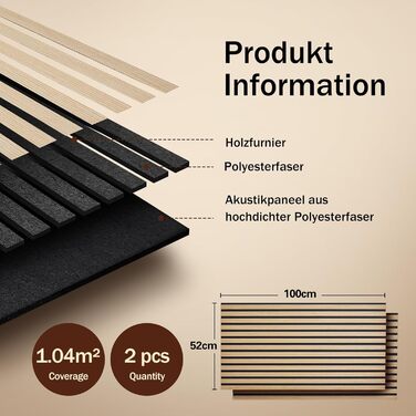 Акустичні панелі з натурального шпона дуба, самоклеючі (набір 2 шт, 100x52 см) для шумоізоляції та декору стін у вітальні, офісі та спальні