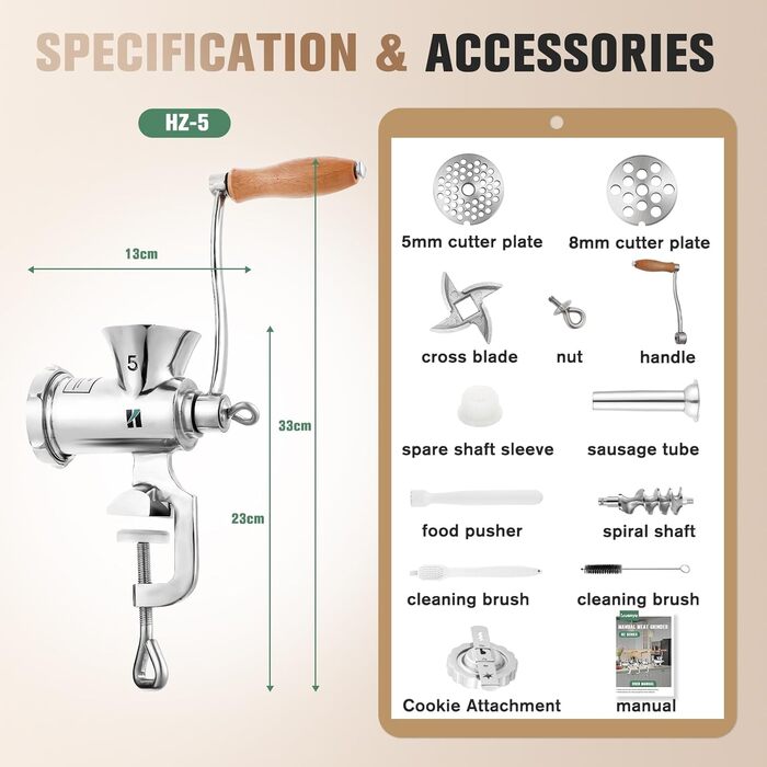 М'ясорубка ручна Huanyu з нержавіючої сталі, насадка для ковбас та печива, миється в посудомийній машині, для яловичини, свинини та овочів (№8)