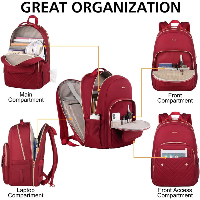 Жіночий рюкзак для ноутбука 17.3 дюйма, шкільний рюкзак для дівчат-підлітків, для навчання, роботи та офісу, для студентів та вчителів, колір: винний