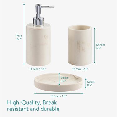 Набір для ванної кімнати Navaris: дозатор мила, стакан для зубної пасти, аксесуари для ванної кімнати (3 шт.) - штучний камінь, бежевий