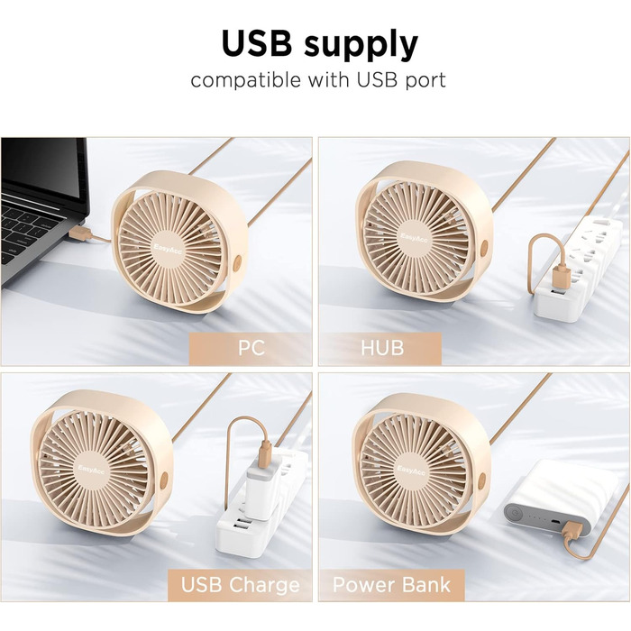 EasyAcc USB вентилятор: компактний настільний вентилятор з 3 швидкостями, 360° обертання, 2 роки гарантії, для офісу, дому, Beige