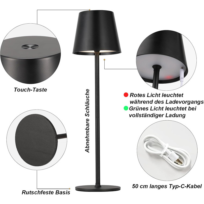 Набір з 2 бездротових настільних світильників LED з акумулятором, сенсорне регулювання яскравості, 3 режими кольору, USB-C зарядка для спальні, столу, кемпінгу (Чорний)