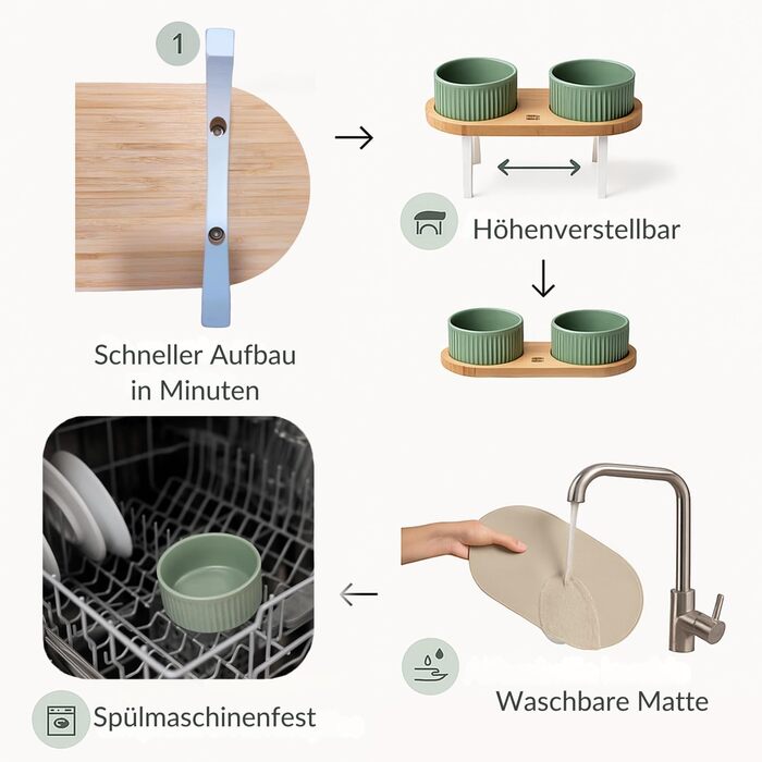 Миска для собак BELMIN з підняттям – миска для води та корму для собак – піднята миска для корму для великих собак і котів – 2 регульовані висоти – миска для собак з кераміки з бамбуковим підставкою – неслизький килимок
