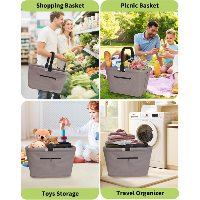 Складаний кошик для покупок 35L з 2 стійками, стабільний сімейний кошик з алюмінієвою ручкою, водонепроникний кошик для пікніка, практичний кошик для перенесення, великий для подорожей, кемпінгу, покупок, подарунка - Хакі