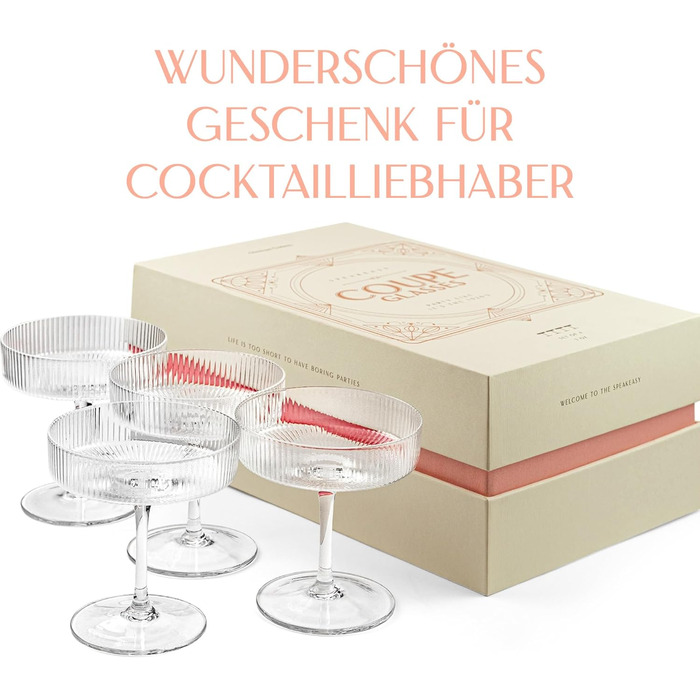 GLASSIQUE CADEAU Набір келихів Vintage Art Deco (4 шт., 200 мл) | Келихи для коктейлів, шампанського, еспресо мартіні, дайкірі | Скляні чаші з кристалу для Speakeasy