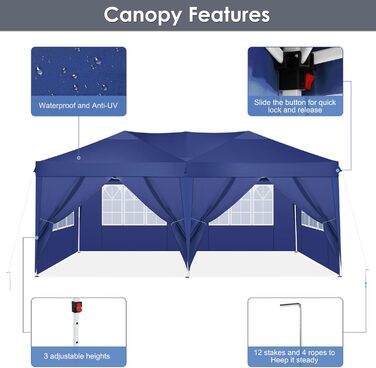 COBIZI Pavilion - Waterproof, Stable, Winter-Proof, Foldable, Pop-Up Party Tent, Garden Pavilion for Beach Wedding, with 4 Side Panels, UV Protection 50+, Adjustable Height (Navy Blue, 3x6m)