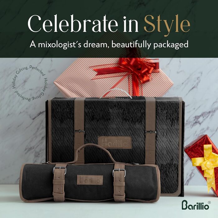 Набір бармена Barillio з золотим шейкером: 17 предметів, сумка для подорожей, вощена тканина - мобільний бар для коктейлів