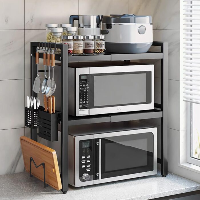 Регульована полиця для мікрохвильової печі, 3-рівнева розширювана стійка, органайзер для кухні з 6 гачками, з вуглецевої сталі, чорний