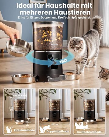 Автомат годівлі для котів з APP та таймером, 6 л / 25 порцій, 3 миски, 3 пакетики силікагелю, система запобігання застряганню, WiFi 2.4G, запис голосу, чорний