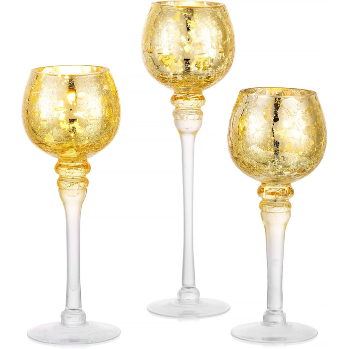 Romadedi Tealight Holder Candle Stand Glass - Lantern Tealight Holder Decoration Queck 3-Piece Set 23.5/25.5/31.5 cm for Tealights, Votive Candles, Pillar Candles, Living Room Table Decoration, Wedding (Gold)