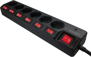Смуга живлення LogiLink LPS233 6-fach з вимикачами та захистом від перенапруги (Schutzkontakt) - CEE 7/3, з дитячим замком, чорна