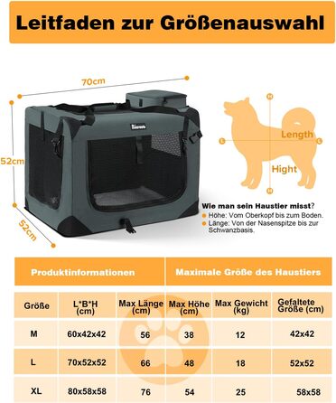 Транспортна переноска для собак та котів Reerooh L 70x52x52 см, сіра, складана, з мискою для їжі