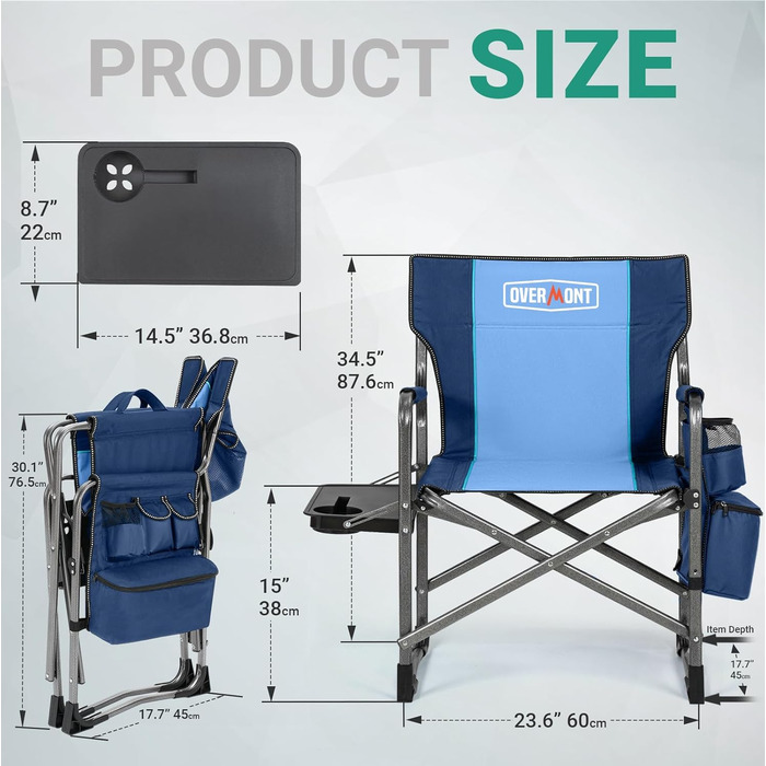 Кемпінговий стілець OVERMONT складний з бічним столиком та охолоджувальною сумкою, до 180 кг, синій