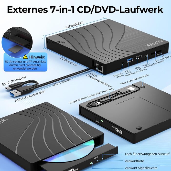 Зовнішній DVD-накопичувач AGPTEK USB 3.0 Slim CD/DVD-брунер з картридером TF/SD для ноутбука, MacBook, Windows, Linux, Mac OS