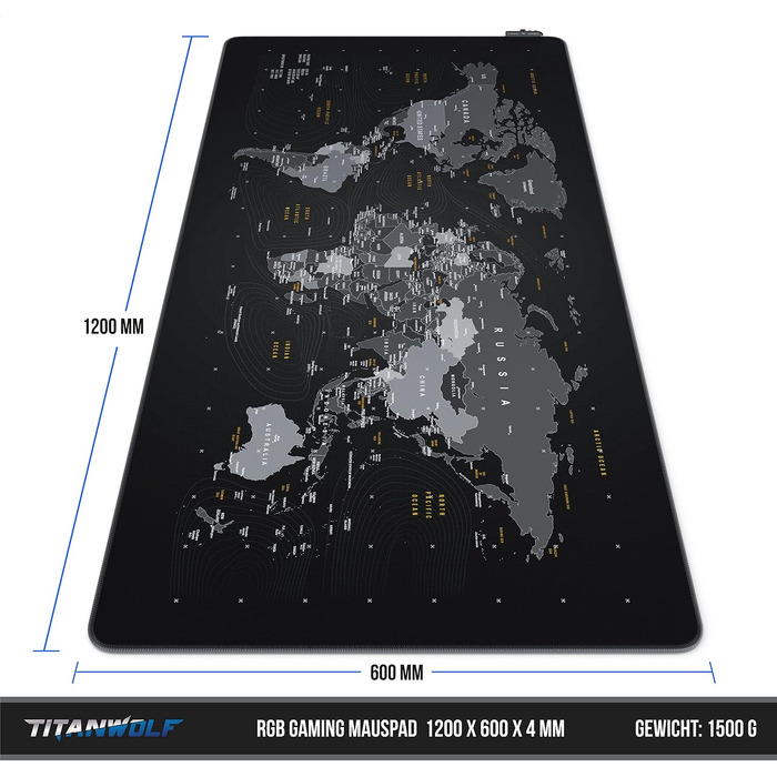 Ігровий килимок для миші TITANWOLF RGB XXL (800x300 мм) з LED-підсвіткою, 11 режимів освітлення, вологостійкий, чорний (дизайн World Map)