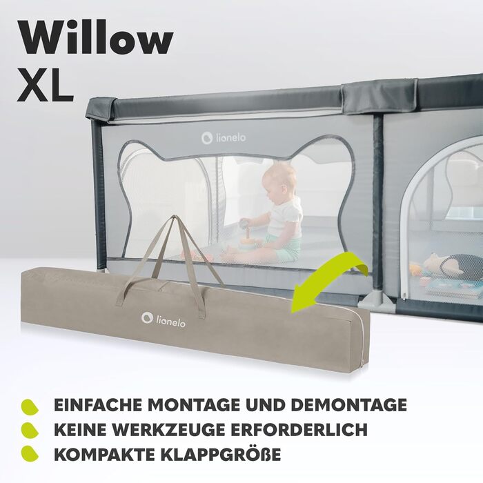 LIONELO WILLOW XL Playpen for Baby, suitable from 0-48 months, large area 187 cm x 207 cm x 68 cm, baby playpen with breathable mesh side panels, 2 side entrances with a zipper.
