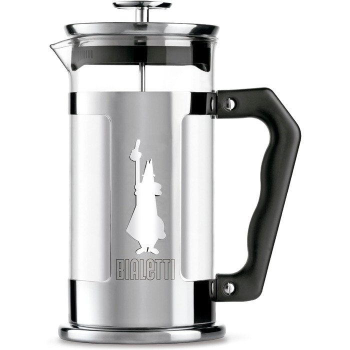 Bialetti Kaffeepresse Preziosa, French Press Filter for coffee or tea, housing made of stainless steel and container made of borosilicate glass, dishwasher safe, 1 Liter, 8 cups, Silver (350 ml (3 cups), Single)