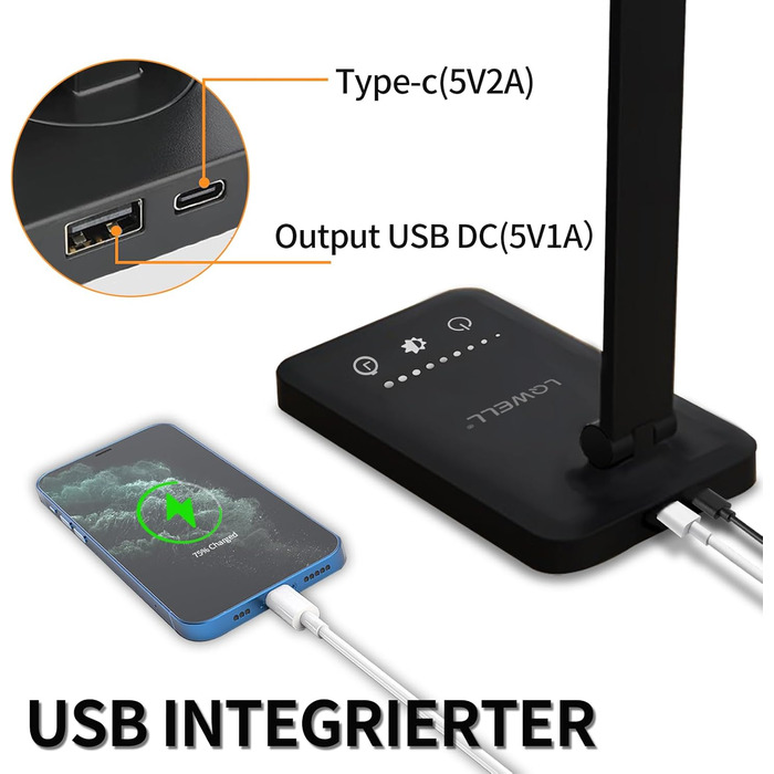 LED лампа настільна LQWELL® з регулюванням яскравості, металева, 5 кольорів, 10 рівнів яскравості, USB-зарядка, сенсорне управління, пам'ять, для дітей, чорна, QM019