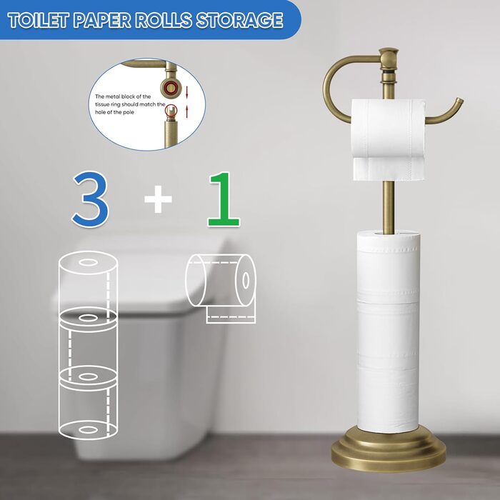 Тримач туалетного паперу на підлогу RUMOSE, античне латунь, регульований (31,5-57,9 см), з полицею для зберігання, нержавіюча сталь