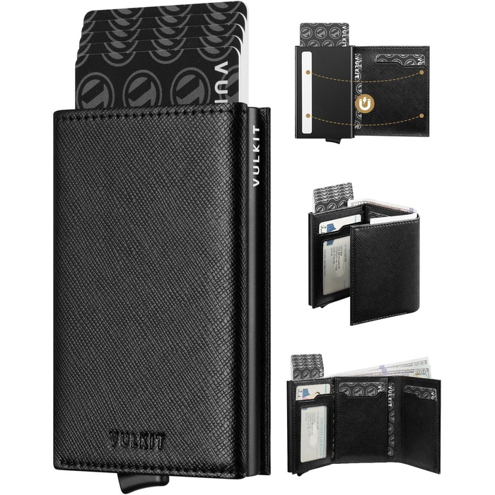 Чоловіче шкіряне картхолдер VULKIT з RFID-блокуванням, відділенням для грошей та віконцем для посвідчення (креуц-чорний)