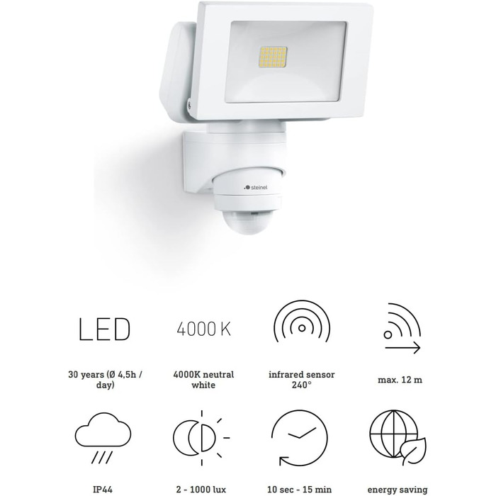 Steinel LED Outdoor Floodlight LS 150 S white, 240° motion sensor, max. 12 m range, 14.7 W, adjustable, 1375 lm, 4000 K