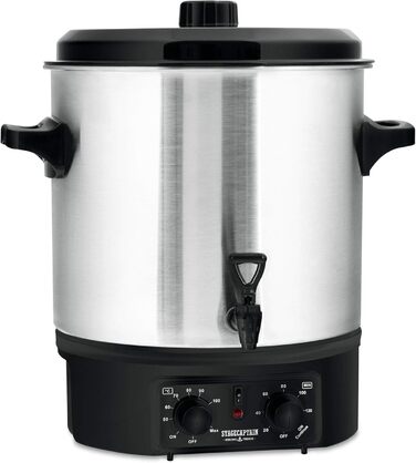 GWK-27A Mulled Wine Cooker - Canning Machine with 27 Liter Capacity - 2000 Watts - Brushed Stainless Steel - Easy Operation (Temperature and Timer) - Automatic Shut-Off - Silver