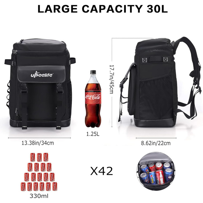 Рюкзак-холодильник Upeelife 30L з підкладкою для пікніка, чорний. Водонепроникний, для кемпінгу та пікніків