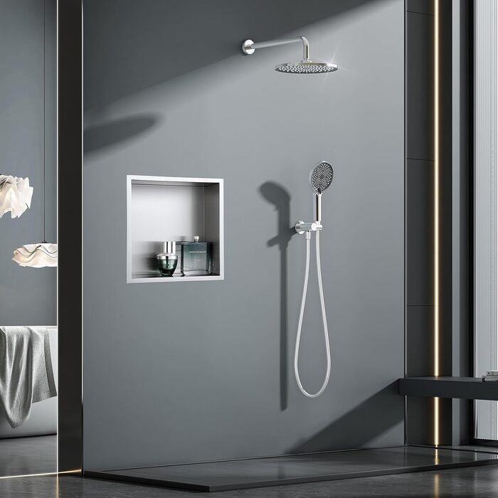 KINKIBOS Wall Niche Shower Stainless Steel, No Tiles Required, Recessed Shower Niche 30 x 30 x 10 cm, Shower Niche Single Shelf Storage