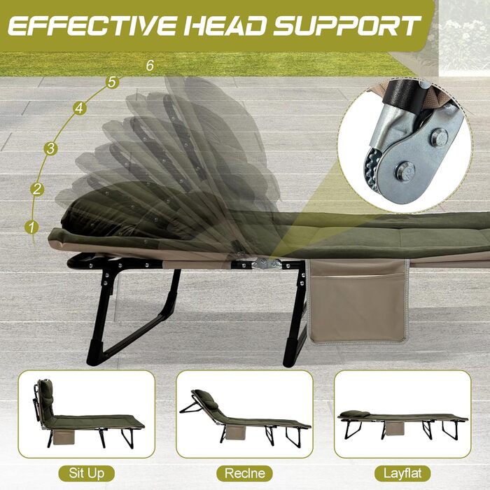 Розкладне ліжко для кемпінгу XXL - широке кемпінгове ліжко, розкладне ліжко, карпове ліжко з регульованою спинкою, ліжко для саду та відпочинку на відкритому повітрі (зелене)