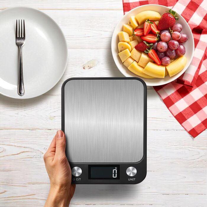 Кухонні ваги LEVADA PLUS - цифрові, 15 кг, з LCD-дисплеєм, з нержавіючої сталі, висока точність, компактні, чорні