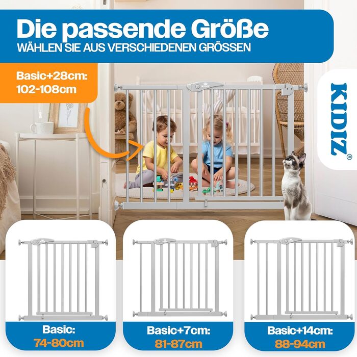 Захист для сходів KIDIZ без свердління | Ширина: 74-80 см, висота 75 см | Захист від падіння для дітей та собак | Одноручний відкривання, система Open-Stop 90°, сірий