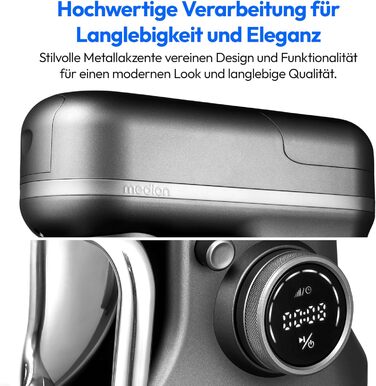 Кухонна машина MEDION MD18430: 3-в-1 (міксер, м'ясорубка, тістоміс), 5 л чаша з нержавіючої сталі, 1200 Вт, цифровий дисплей, чаша для льоду, титан