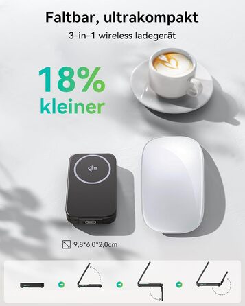 Станція зарядки INIU для iPhone 3 в 1, 15W, Qi2, магнітна, складна, MagSafe, для Apple Watch, iPhone 17/16/15/14/13/12, AirPods (з адаптером), чорна