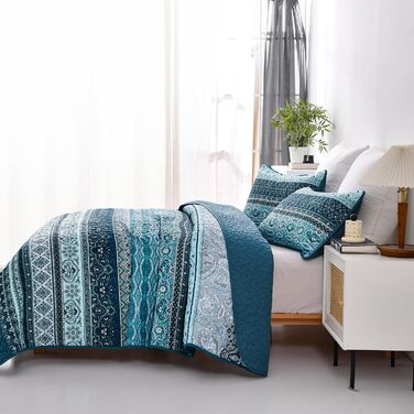 WONGS BEDDING Bedspread 220x240 Bed Cover Bohemian Quilt Steppdecke 3-Piece Double Bed Quilted Bedspread Microfiber Throw Blanket with 2 Pillowcases 50x70 for Bedroom as Sofa Cover (Bohemian) (200x220 cm, Dark Blue)