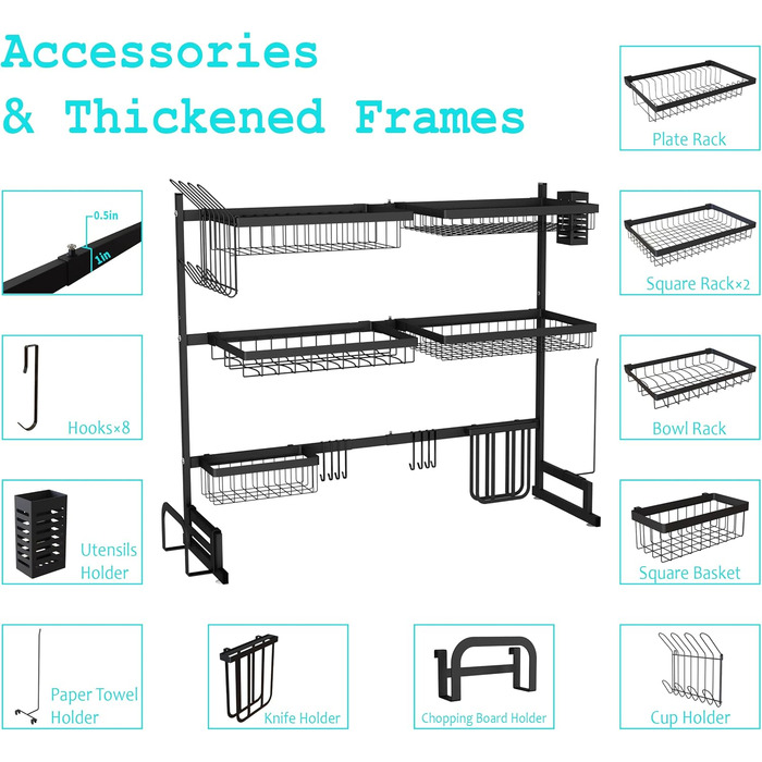 Сушарка для посуду на мийку, 3-ярусна, нержавіюча сталь, регульована (84-102 см), велика сушарка для стільниці (чорна)