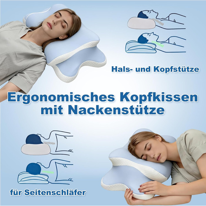 Ортопедична подушка для шиї та голови з Memory Foam, охолоджуючий ефект, для тих, хто спить на боці, спині та животі, знімний чохол (Світло-блакитний)